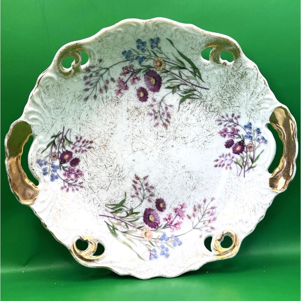 Antique Porcelain Dish Shallow Serving Bowl Floral Gold Gilded Handles Cutouts